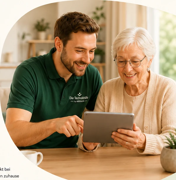 Freundliche Technikhilfe zuhause mit Tablet